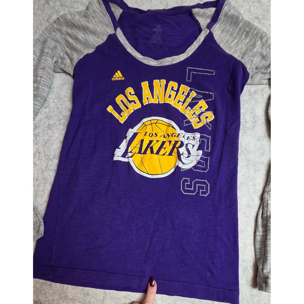 Adidas Los Angeles Lakers Shirt Womens Medium Purple Long Sleeve NBA Raglan Tee - Picture 2 of 5
